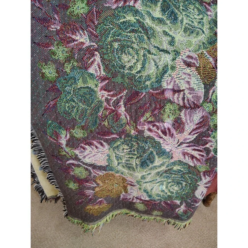 Vintage Large Floral Design Fringed Woven Citton Tapestry Throw Blanket 49x54
